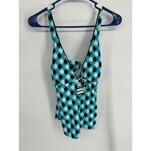 South Point Womens Size 14‎ Tankini Swim Top Turquoise Black Geometric V-Neck